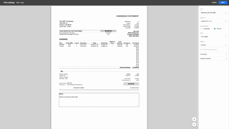 The earnings statement in the print settings window, ready to print on one page.